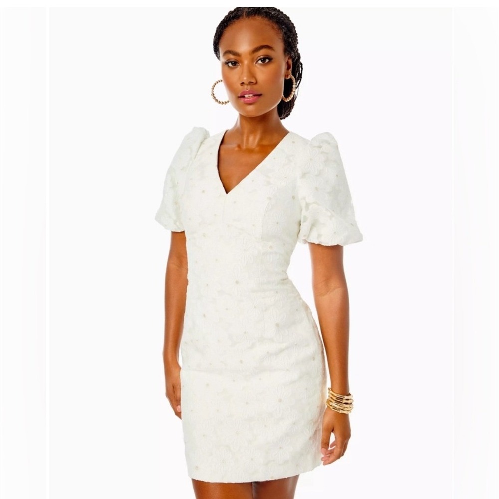 NWOT Lilly Pulitzer White Floral Eyelet Puff Sleeve Mini Sheath Dress size6 $298